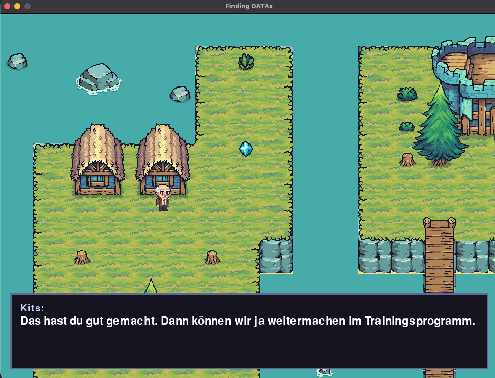 Spielszene aus dem Serious Game Finding DATAx mit Pixel-Art-Landschaft
